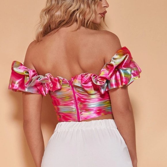 Pink Boho Womens Off Shoulder Ruffle Trim Ruched Bustier Crop Top - Picture 2 of 5